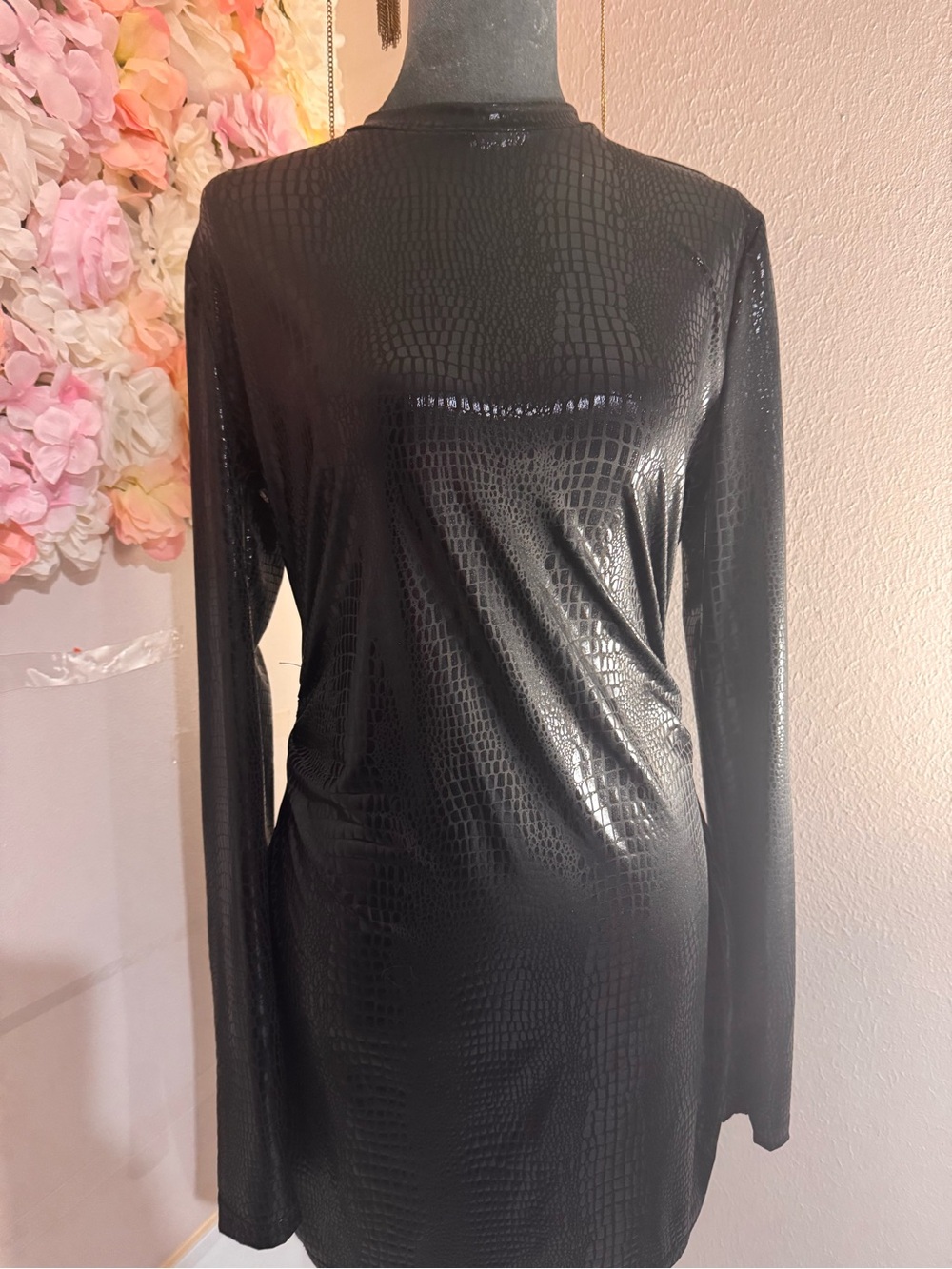 SHEIN Black Faux-Croc Long Sleeve Mini Dress